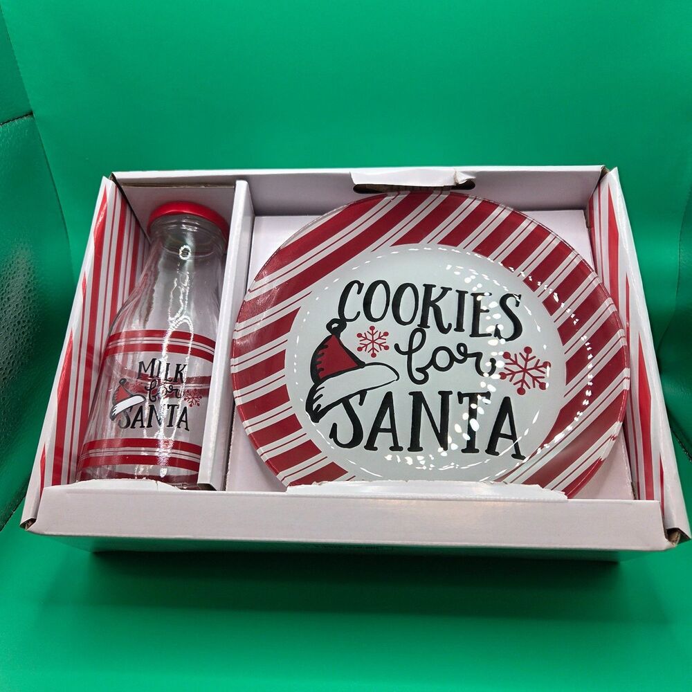 Christmas Cookies and Milk for Santa Two Piece Set Plate and Milk Bottle